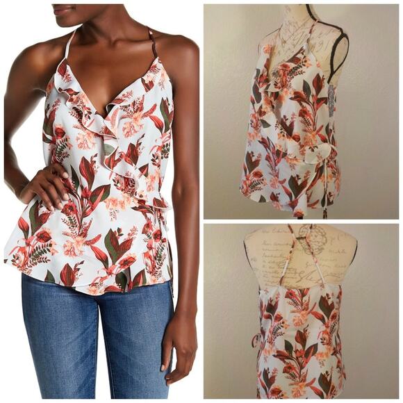 14th Union Floral Wrap Tank Top Cami Women Medium Ruffles Cross Back Straps NWT - Picture 6 of 10